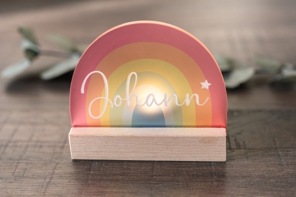 Teelichthalter mit Holzsockel "Regenbogen" personalisiert